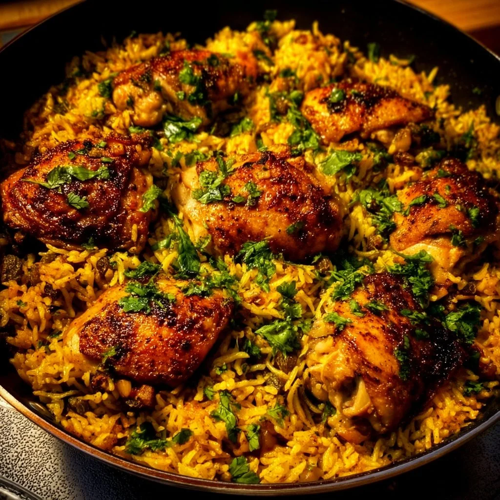 Delicious Moroccan chicken served with rice for a family dinner