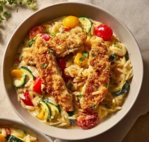 Creamy Boursin Orzo Bake in a pan, garnished with herbs, perfect for easy weeknight dinners.