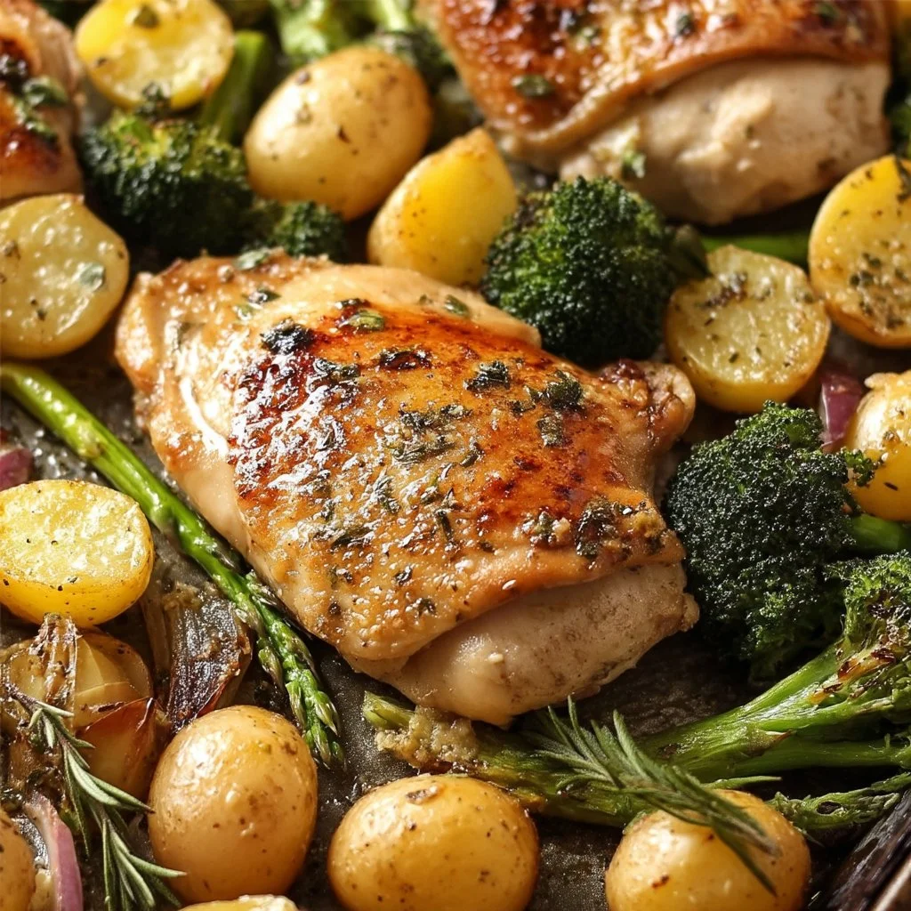 One-Pan Garlic Butter Chicken served with fresh vegetables on a baking sheet