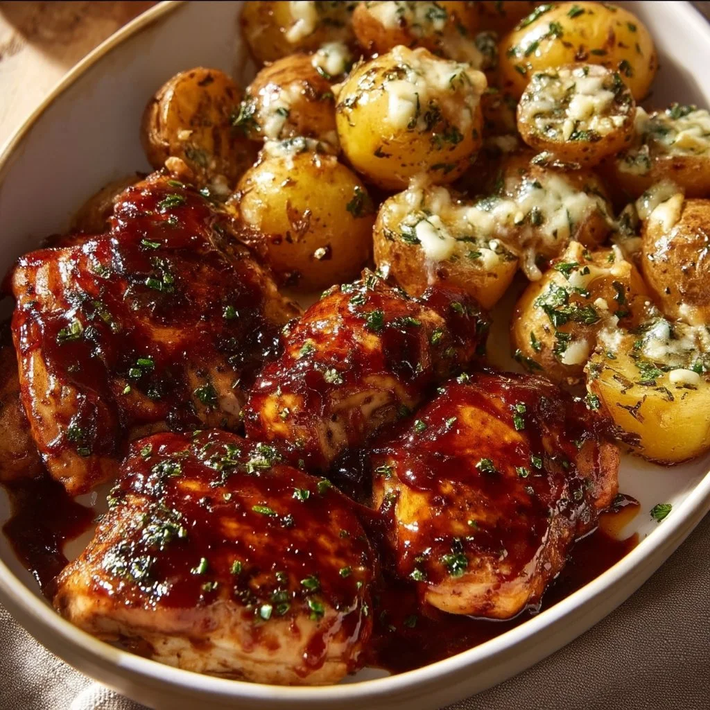 One-Pan Honey BBQ Chicken served with cheesy garlic parmesan potatoes