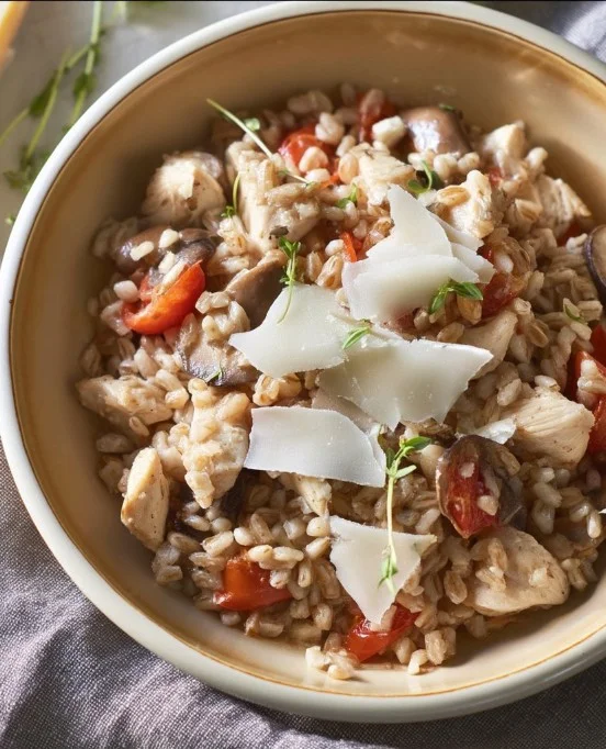 One Pot Chicken and Tomato Farro dish ready for serving