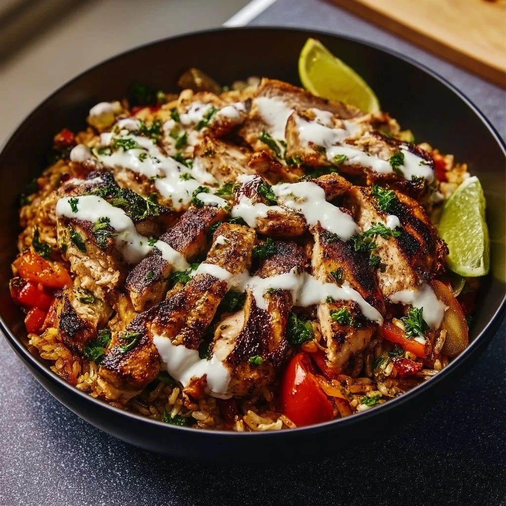 One pot chicken shawarma served with rice for a delicious dinner.