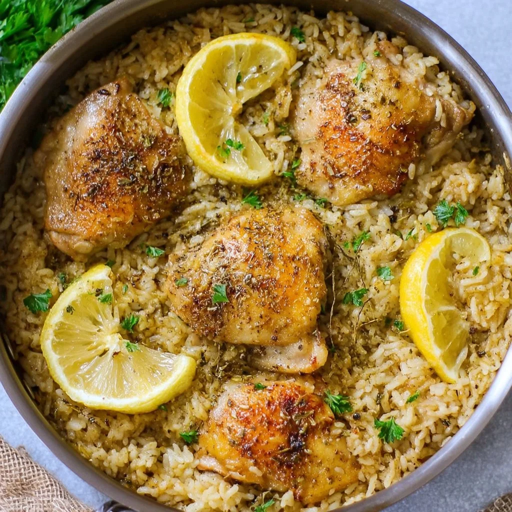 Delicious one pot Greek chicken and rice served on a dinner table.