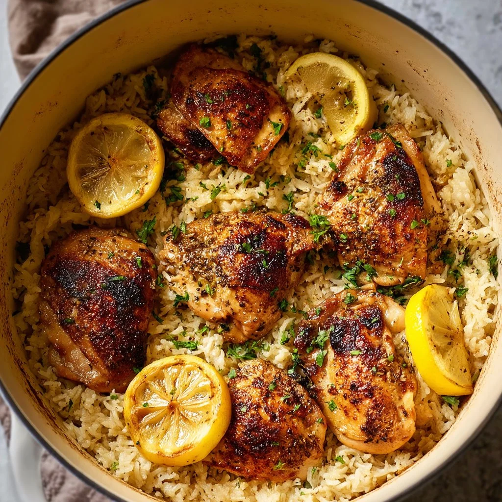 One pot lemon herb chicken dish with rice for a healthy dinner