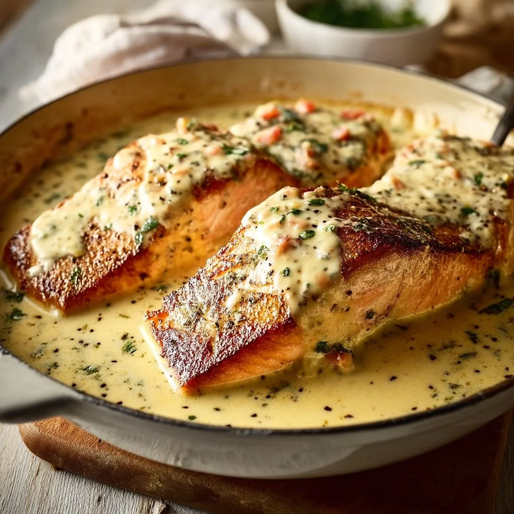 Oven-baked salmon topped with Boursin cheese on a dinner plate