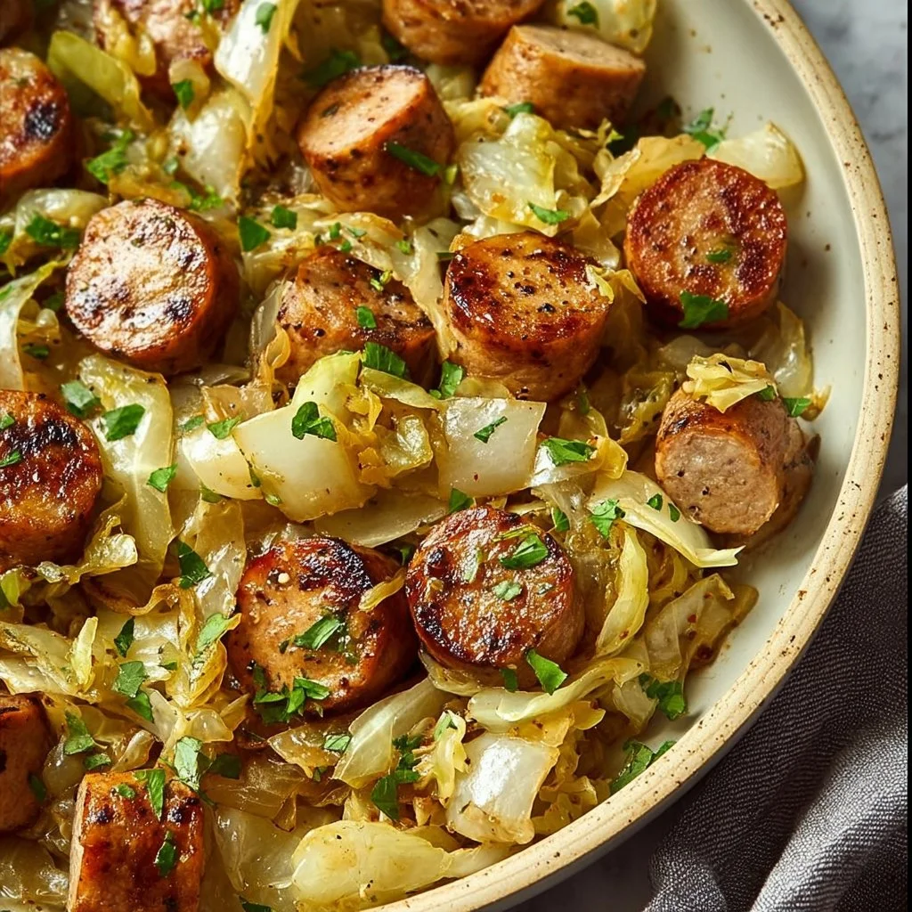 Sausage and cabbage stir fry served in a bowl with colorful vegetables