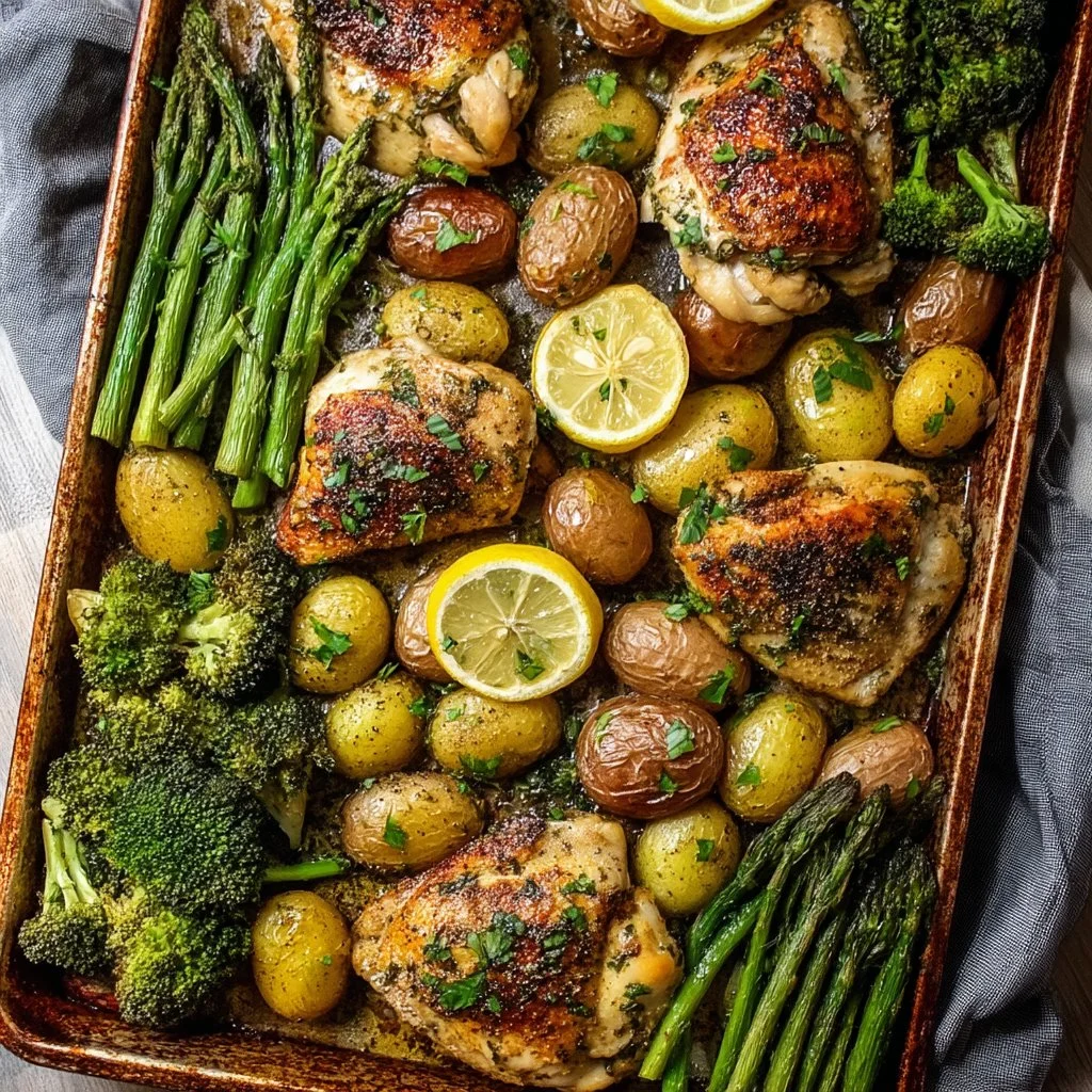 Sheet Pan Garlic Butter Chicken served with colorful veggies