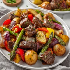 Sheet pan meal featuring steak tips and assorted vegetables ready to serve.