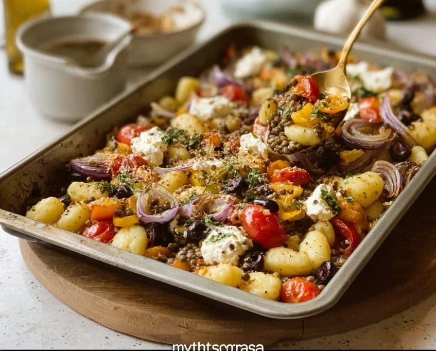 Healthy Blue Zone sheet pan gnocchi with vegetables and herbs