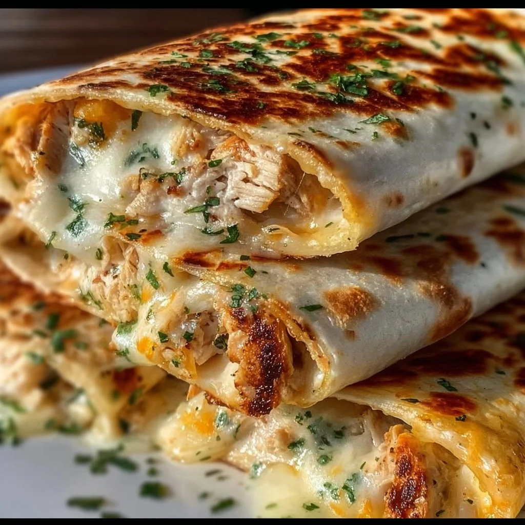 Cheesy garlic chicken wraps with fresh ingredients and melted cheese