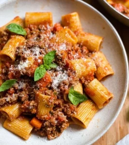 A bowl of classic Bolognese sauce served over pasta for family dinner.