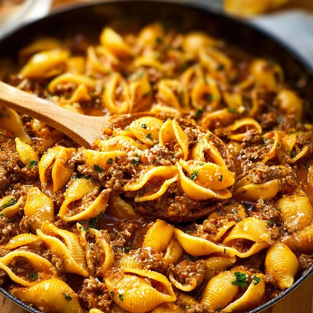 Creamy beef and shells dish served in a bowl with fresh herbs