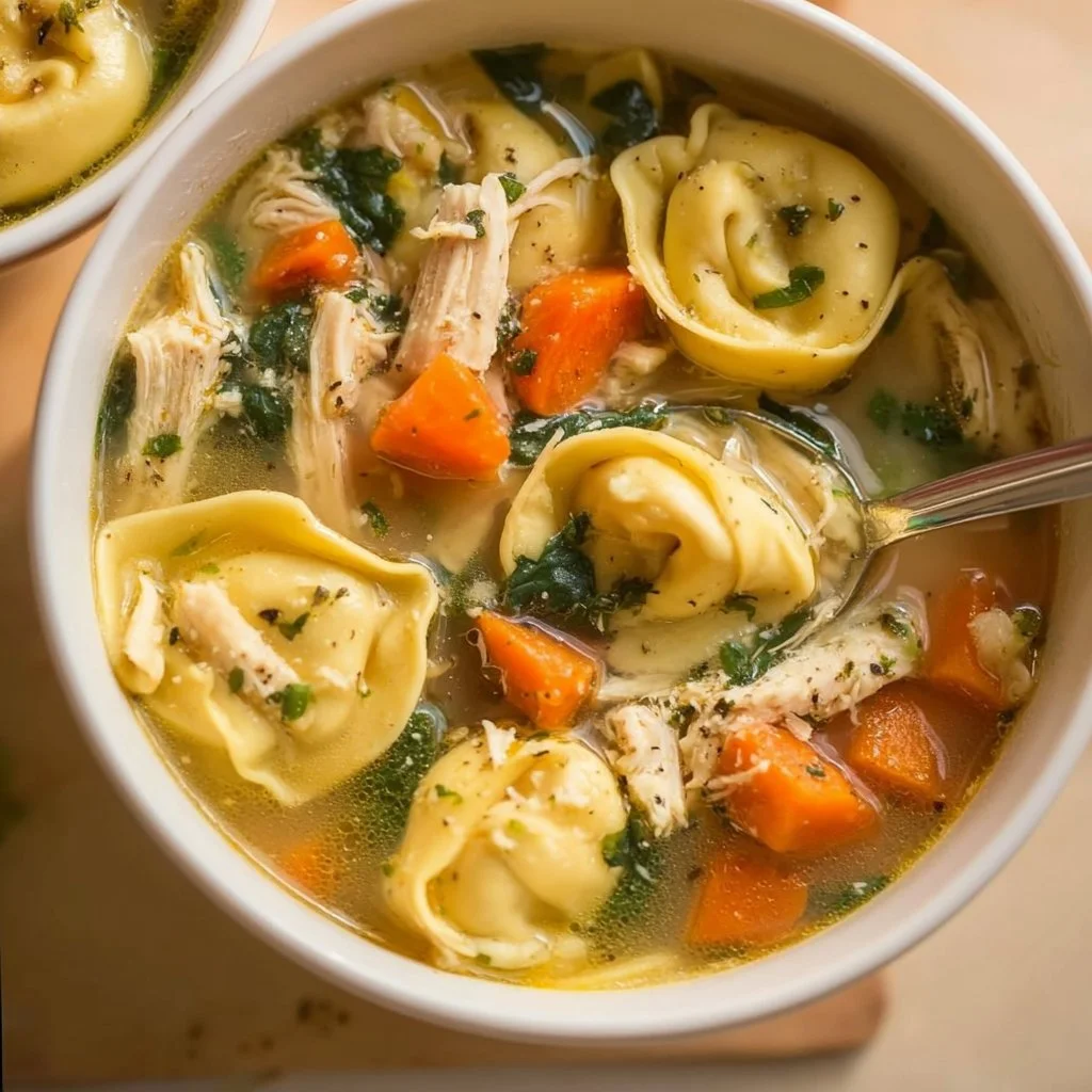 A bowl of creamy chicken tortellini soup garnished with herbs