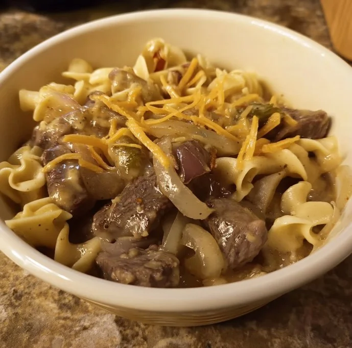 Creamy French Onion Beef and Noodles in a serving bowl