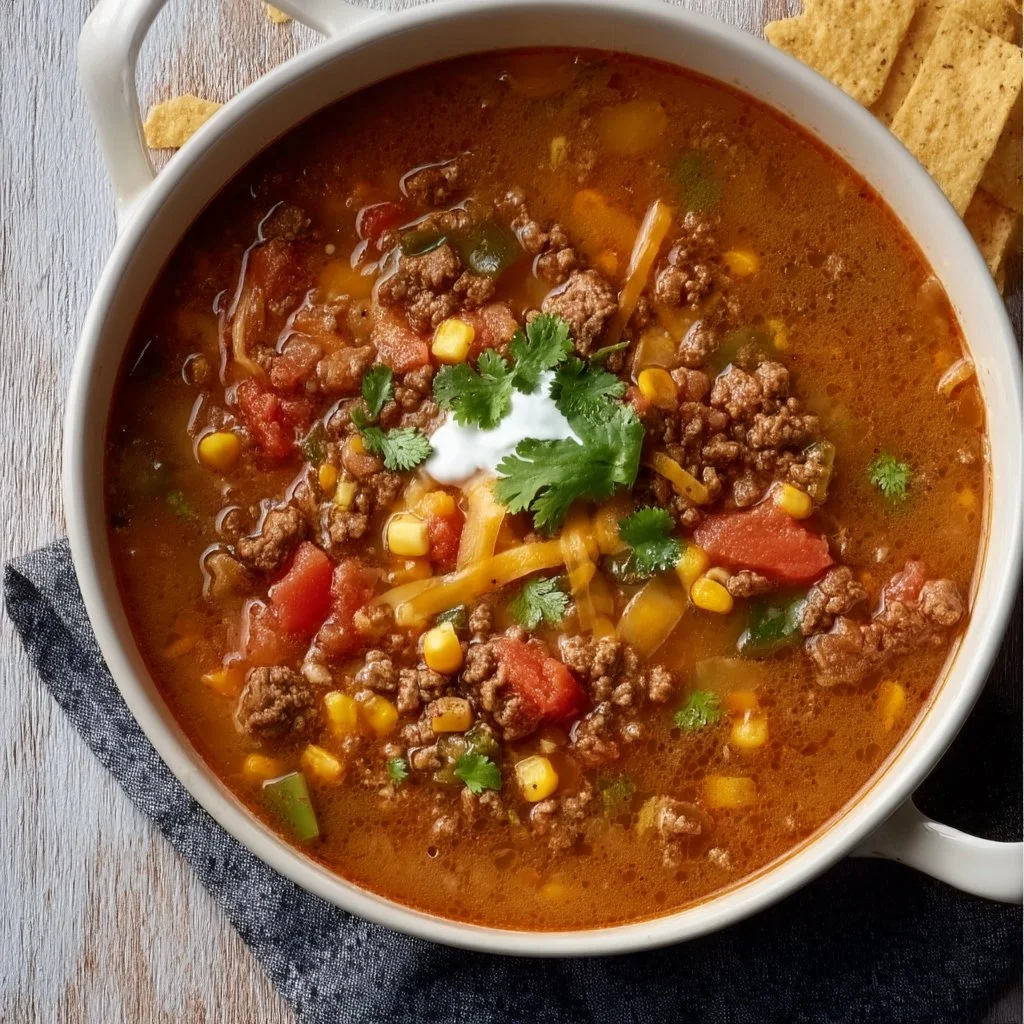 Creamy ground beef enchilada soup garnished with cilantro and cheese