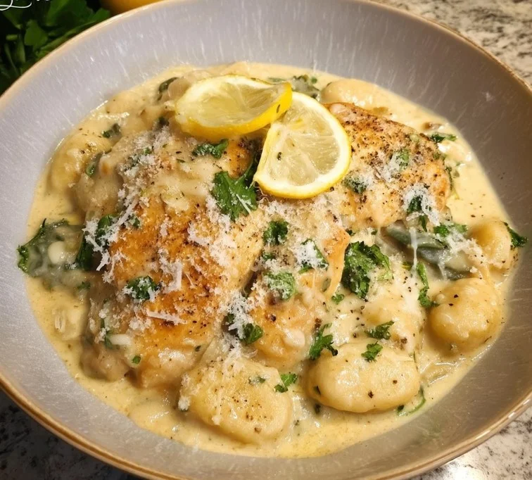 Creamy lemon parmesan chicken gnocchi dish with herbs and garnishes