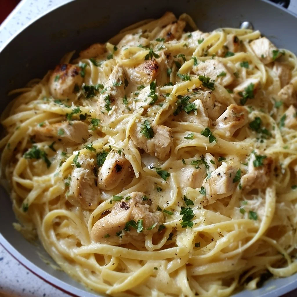 Creamy one-pan chicken linguine served with fresh herbs and parmesan cheese