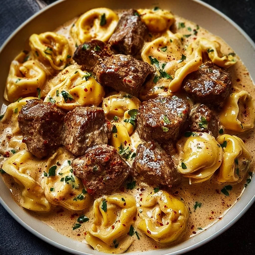 Creamy One Pan Steak Tortellini served in a skillet with herbs and spices
