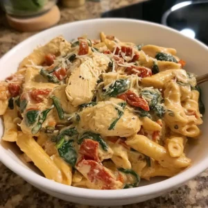 Creamy one-pot Tuscan chicken pasta with fresh ingredients and herbs