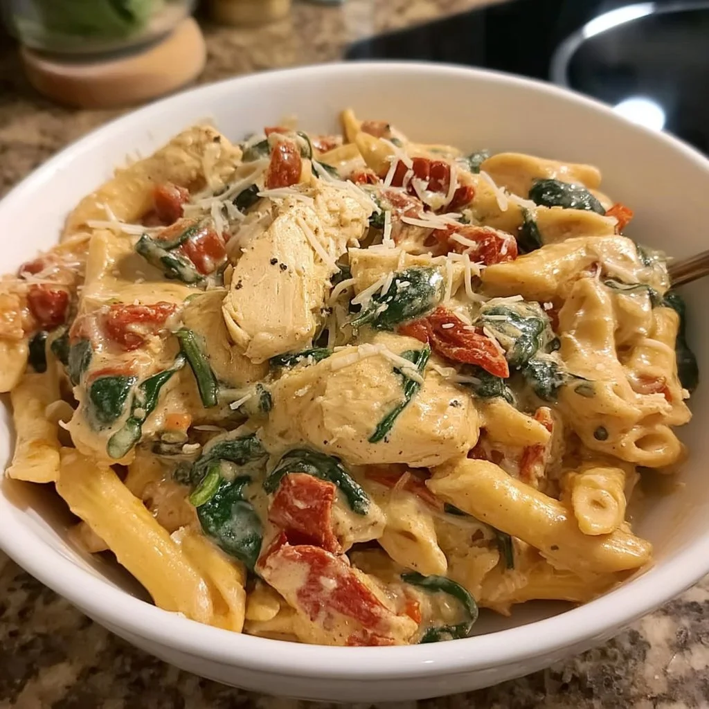 Creamy one-pot Tuscan chicken pasta with fresh ingredients and herbs