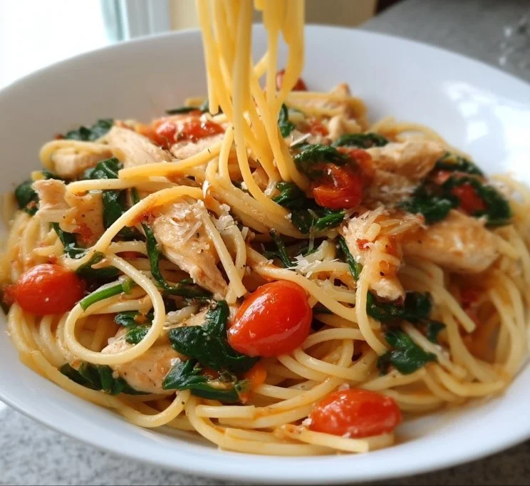 Creamy tomato spinach chicken spaghetti served in a bowl with garnishes