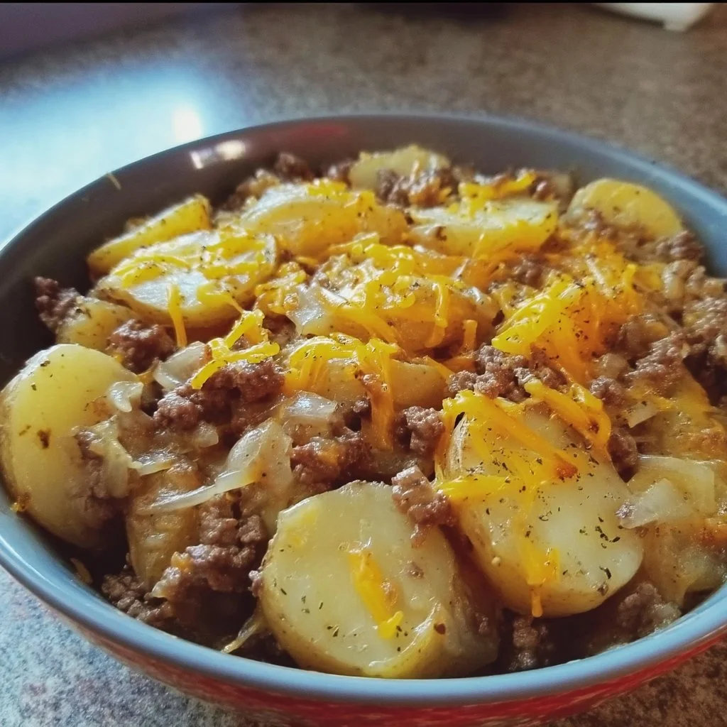 Crispy hamburger potato casserole baked to perfection with golden layers.