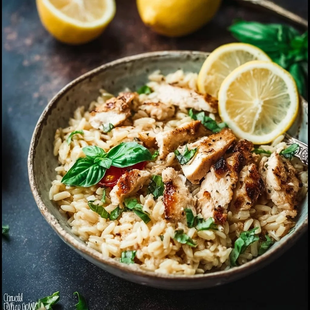Crispy One-Pan Orzo with Chicken served on a plate