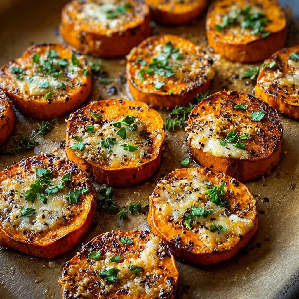 Crispy Parmesan sweet potato medallions served on a plate