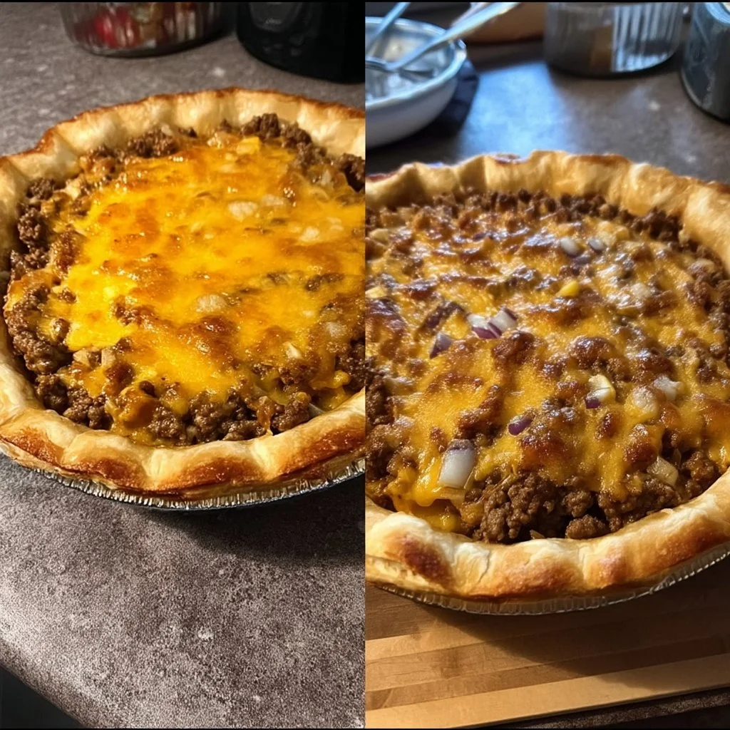 Crispy Skillet Cheeseburger Pie Dinner served in a skillet with toppings