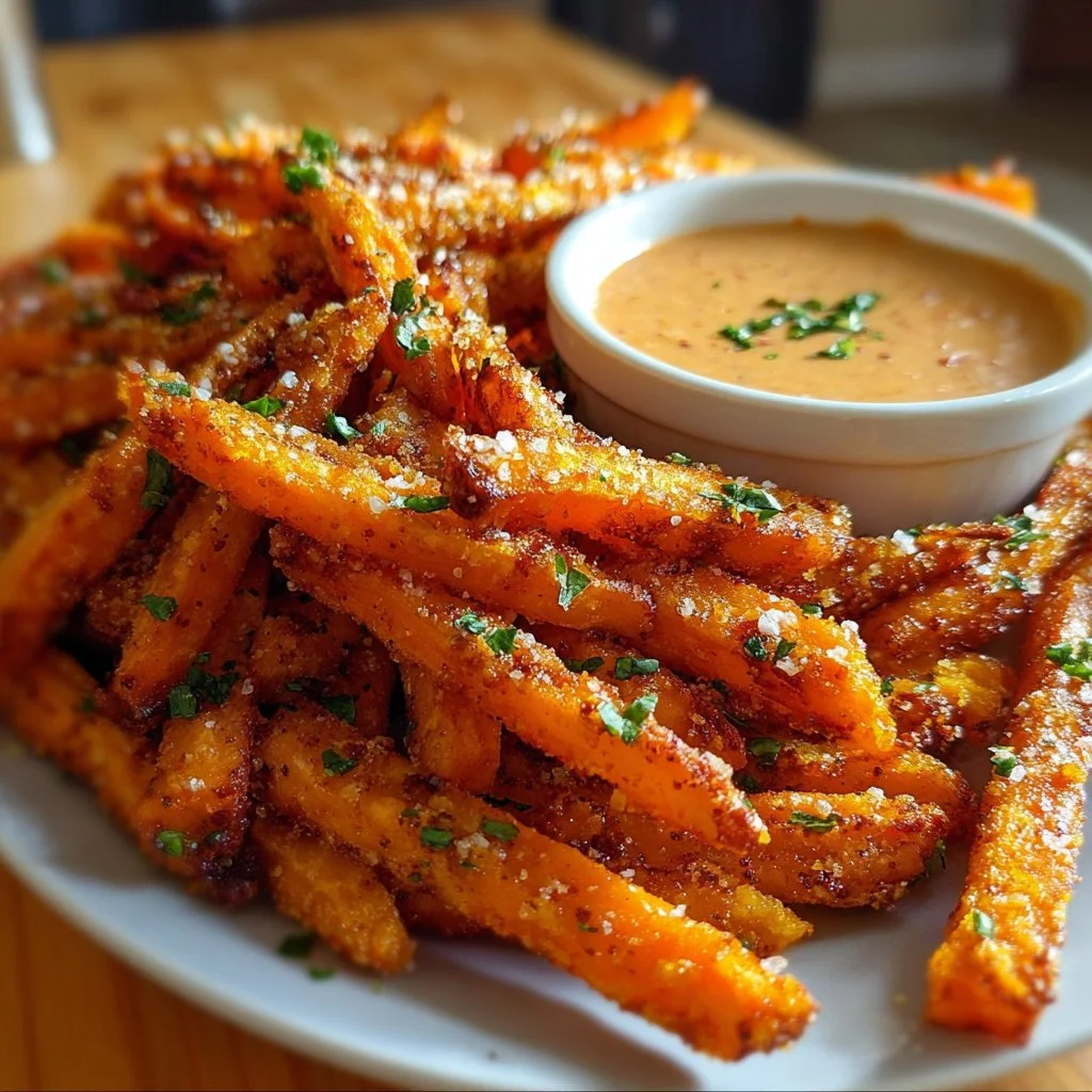 Crispy sweet potato fries served in a bowl with dipping sauce