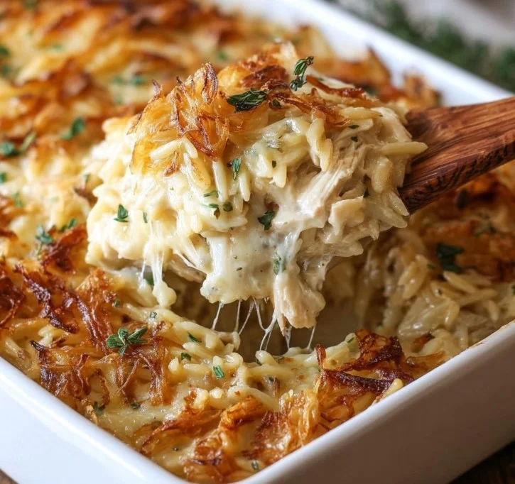Delicious French Onion Chicken Orzo Casserole ready to serve for dinner