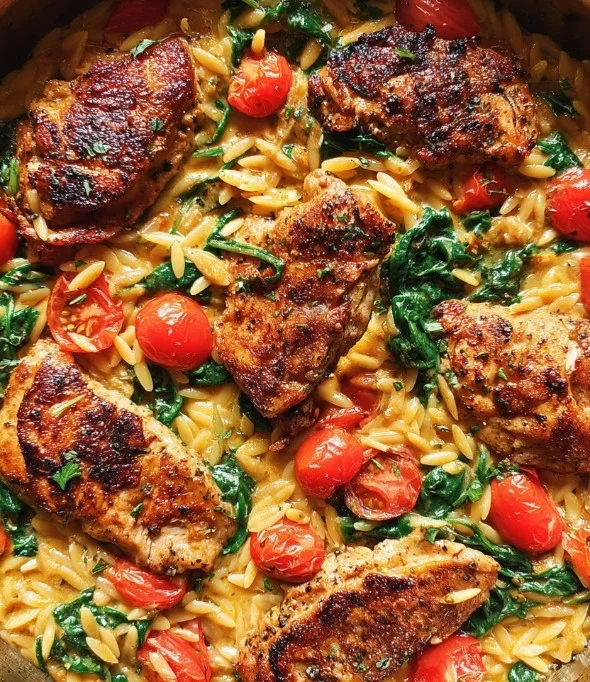 One-Pan Chicken Orzo with Spinach dish served in a skillet