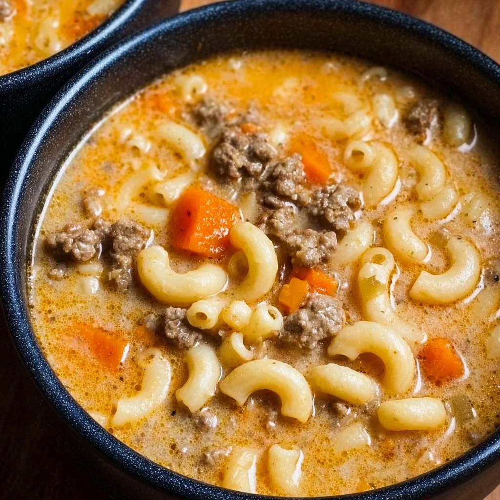 One-pot cheeseburger macaroni soup served in a bowl with parsley garnish.
