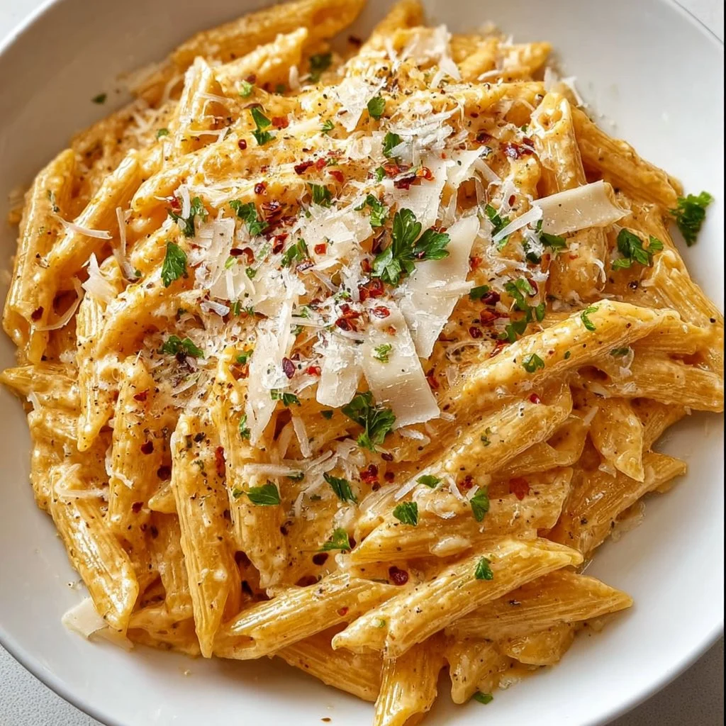 One-Pot Creamy Garlic Pasta topped with herbs in a white bowl