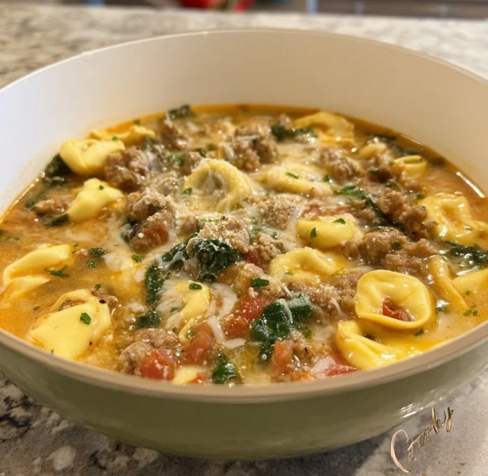Bowl of delicious Sausage Tortellini Soup garnished with herbs