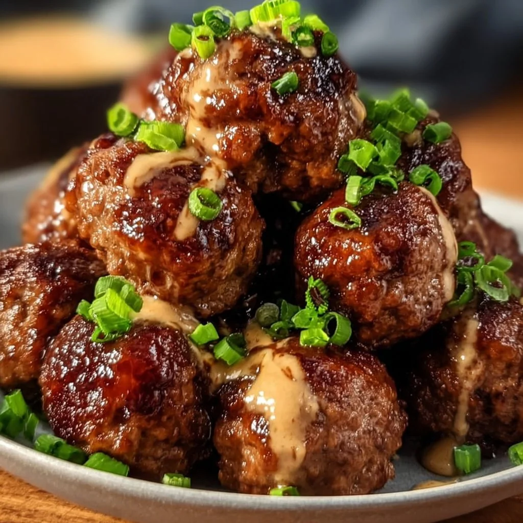 Delicious Korean BBQ meatballs served with sauce and garnished with sesame seeds.