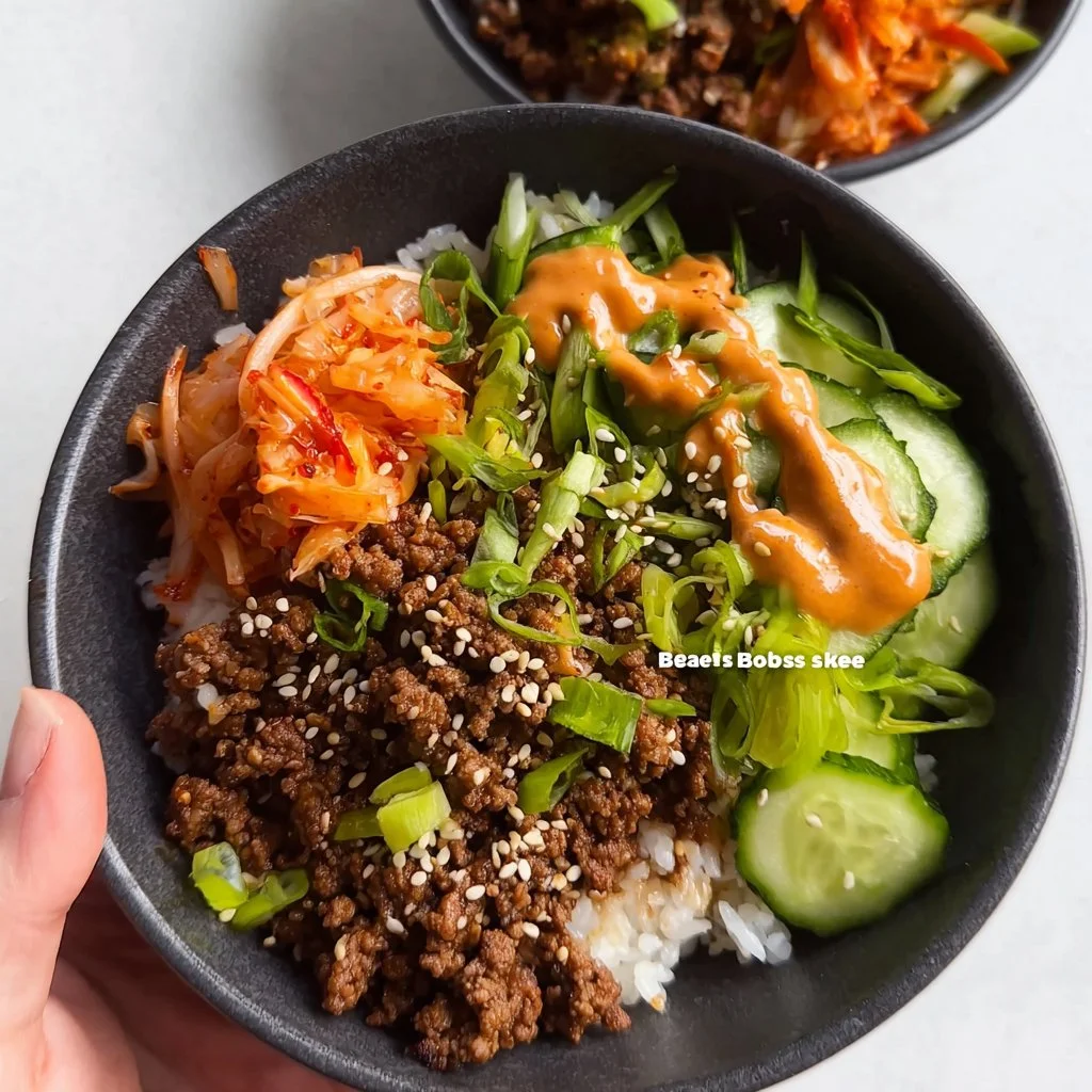 Delicious Korean Beef Rice Bowl served with vegetables and sesame seeds