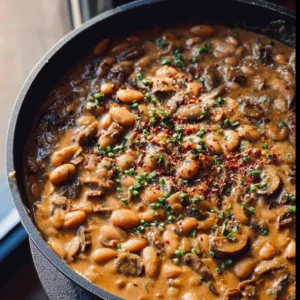 Creamy vegan white bean stroganoff served in a bowl with herbs
