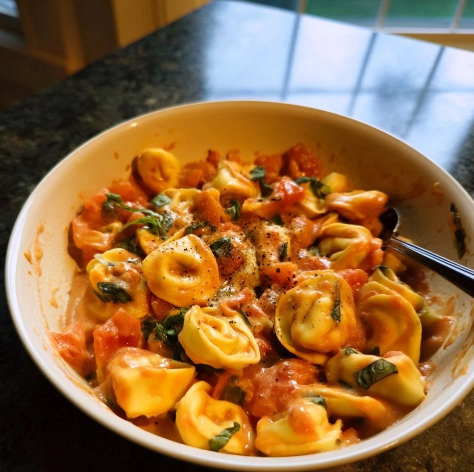 Delicious tomato basil tortellini dish garnished with fresh basil leaves
