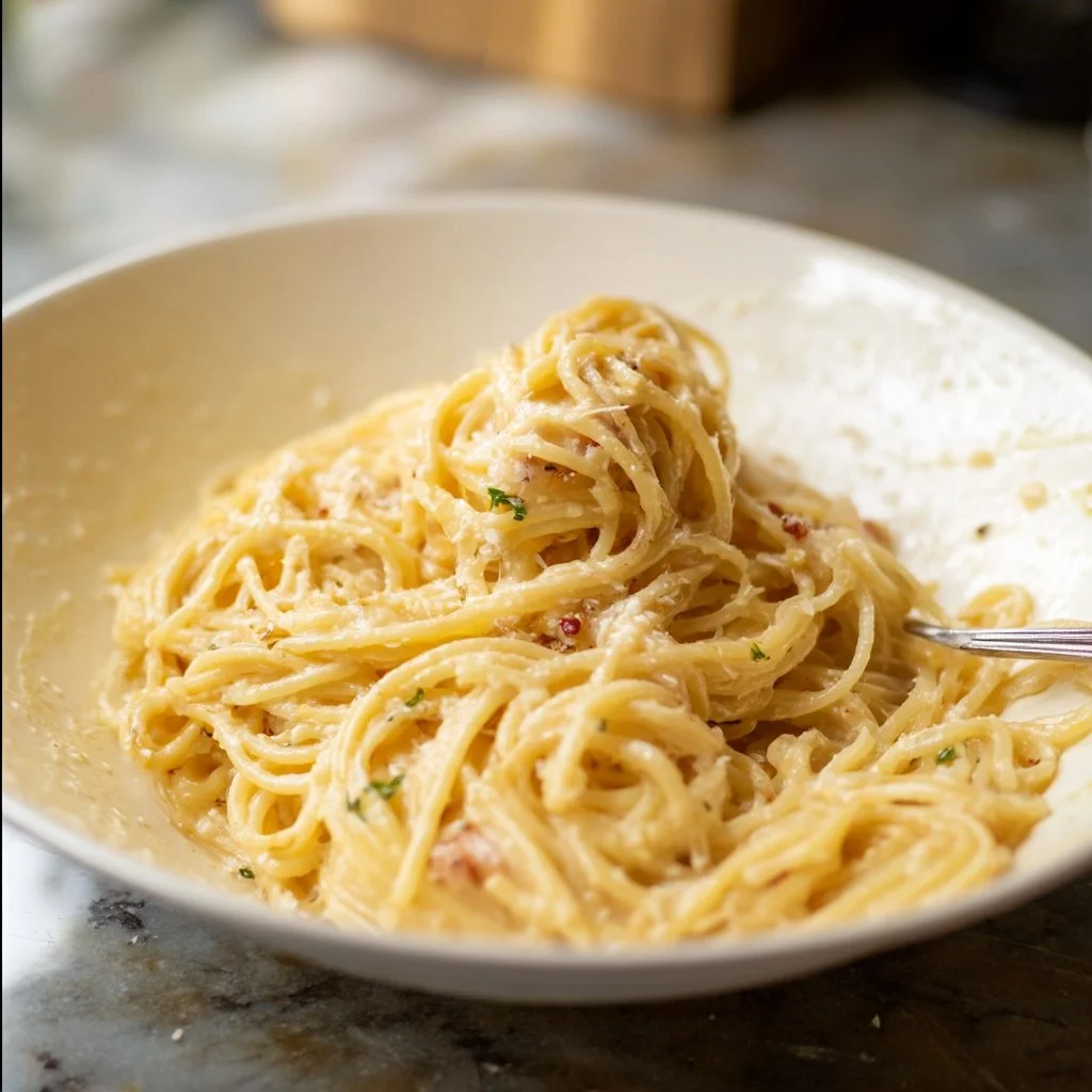 Plate of 20-Minute Garlic Parmesan Pasta garnished with parsley.