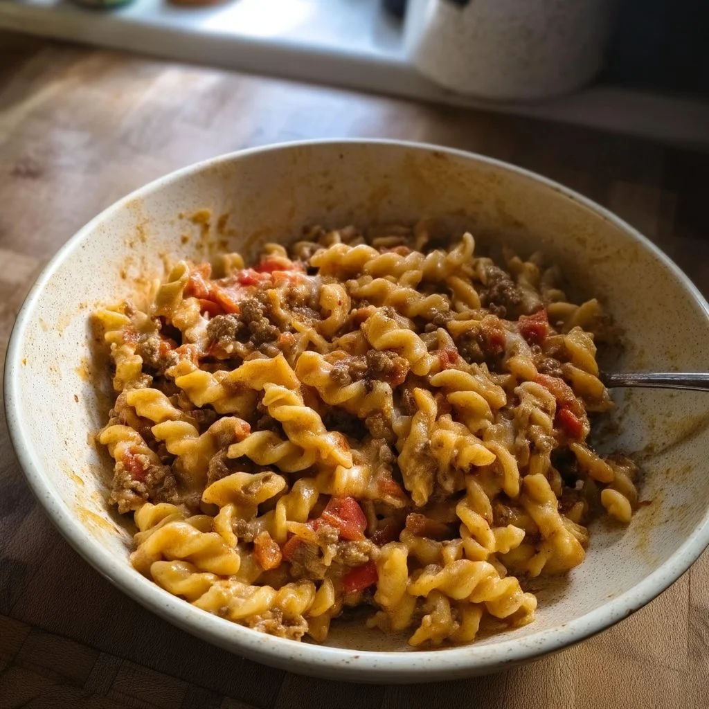Delicious beef taco mac served in a bowl with toppings