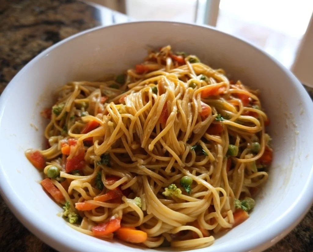 Delicious bowl of Instant Pot Lo Mein noodles with vegetables and sauce