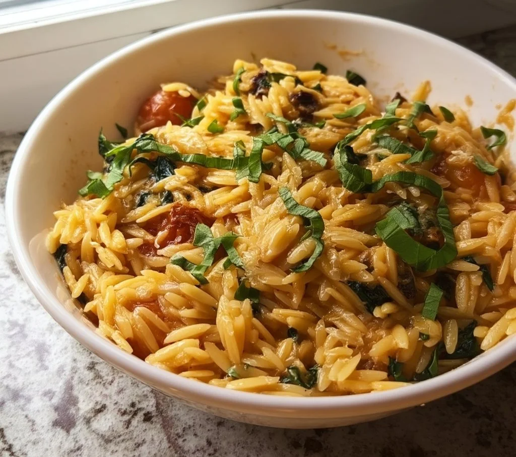 A bowl of Vegan Tuscan Orzo with spinach and sun-dried tomatoes, ready to serve.