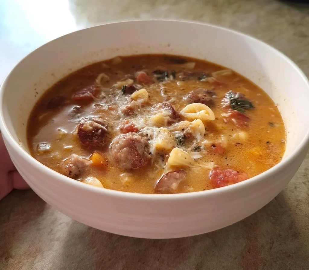 Bowl of 30-minute Italian sausage pasta soup garnished with parsley.