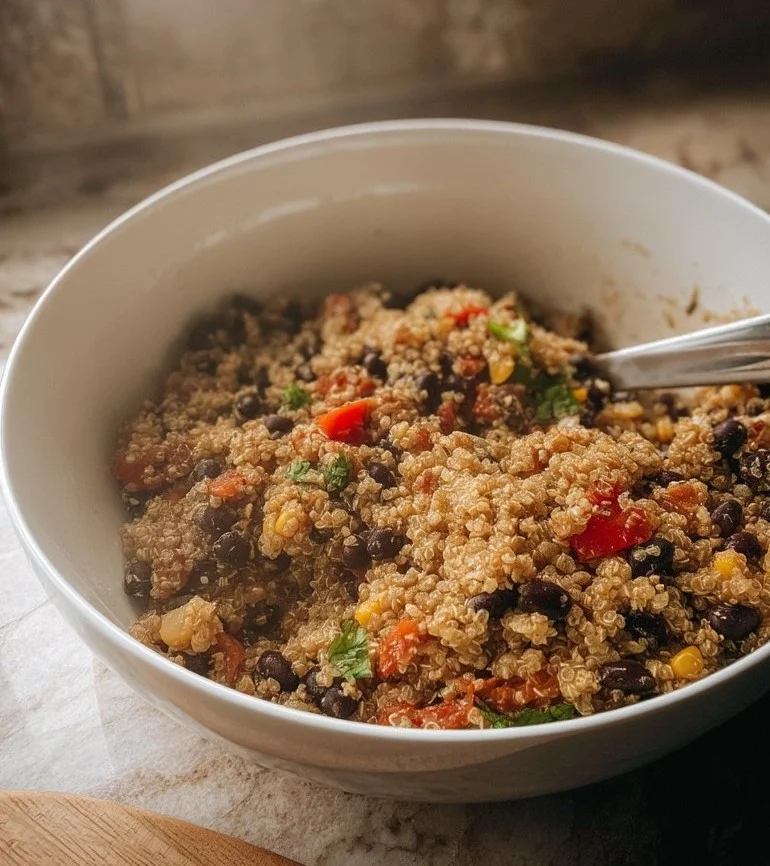 Colorful Mexican Quinoa Bowl with black beans and fresh vegetables