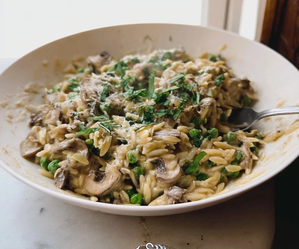 Creamy mushroom orzo dish served in a bowl, ready to enjoy in 30 minutes.