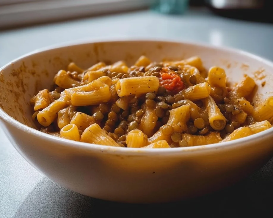 Bowl of Pasta with Lentils and Cherry Tomatoes served on a dining table