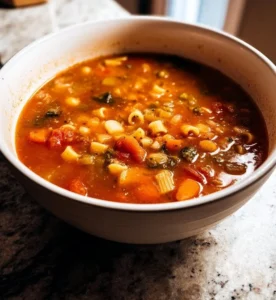Bowl of 30-minute vegan minestrone soup with fresh vegetables and herbs
