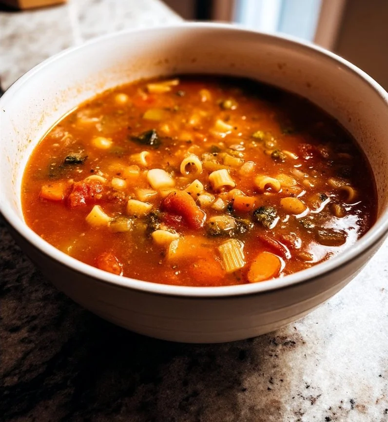 Bowl of 30-minute vegan minestrone soup with fresh vegetables and herbs