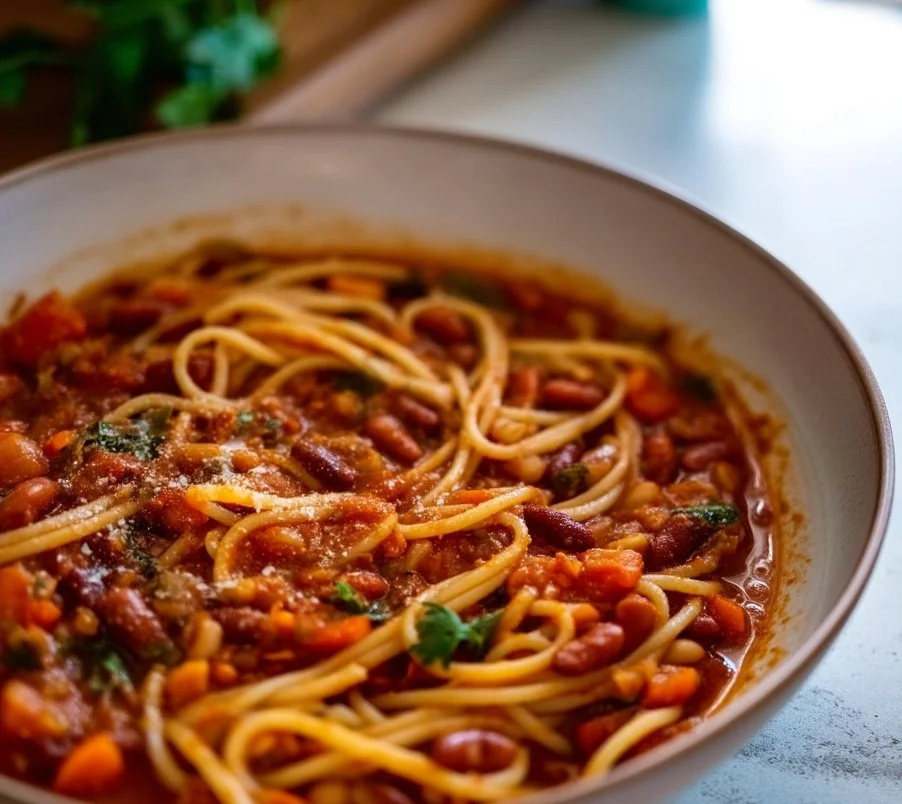 One-pot Pasta e Fagioli dish with beans and pasta in a delicious broth.